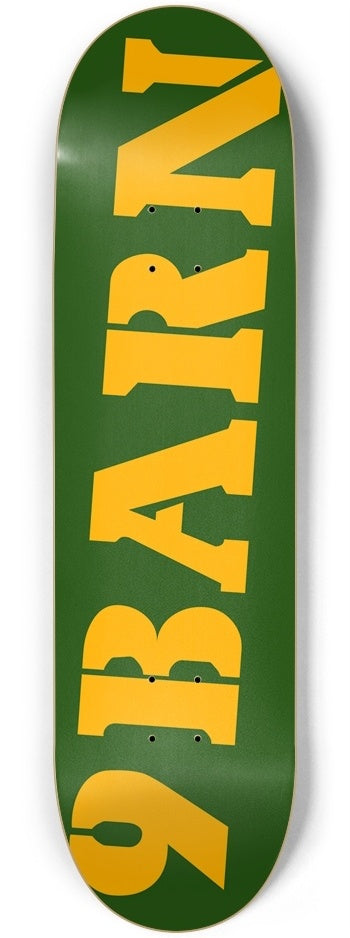 9BARN skateboard: army green with 9BARN in gold block letters