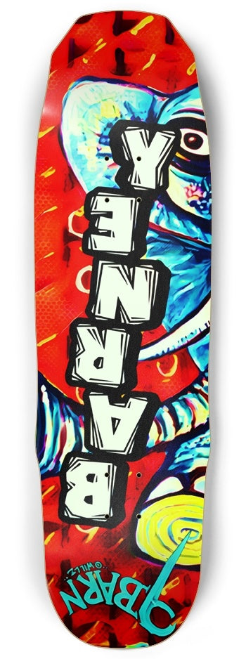 9BARN skateboard: red with a blue elephant, BARNEY down the middle, 9BARN in teal script at the tail