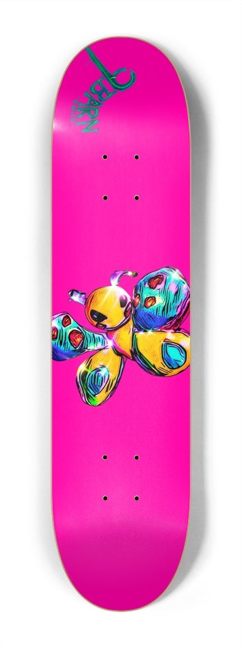 9BARN skateboard: hot pink with a glossy Flutterby butterfly and 9BARN in teal script