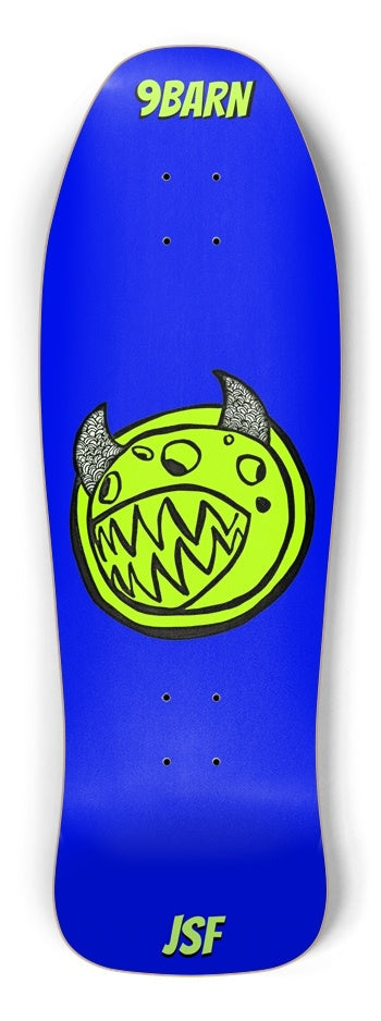 9BARN skateboard: blue shredder shape with a green horned monster, 9BARN at the nose and JSF at the tail