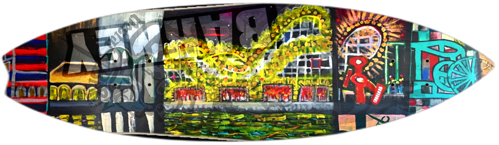 Boardwalk painting by Shawn Barney Barron on a surfboard shape.