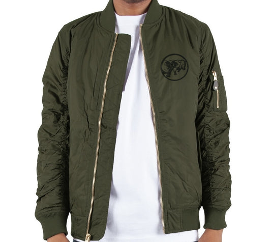 9BARN Olive Bomber Jacket, front, black Elephante circle logo on the left chest.