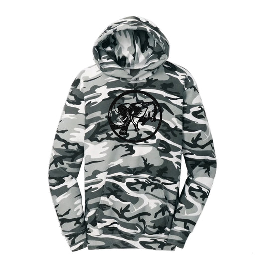 9BARN Camo Hoodie in winter camo, front, black Elephante circle logo on the chest.