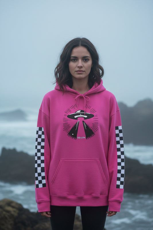 9BARN Abduction Hoodie, the abduction scene on a heavyweight pullover with an Elephante front pocket.