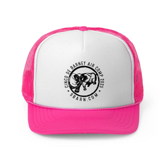 9BARN Cinco de Barney 2025 foam trucker hat in pink and white, front, round elephant badge