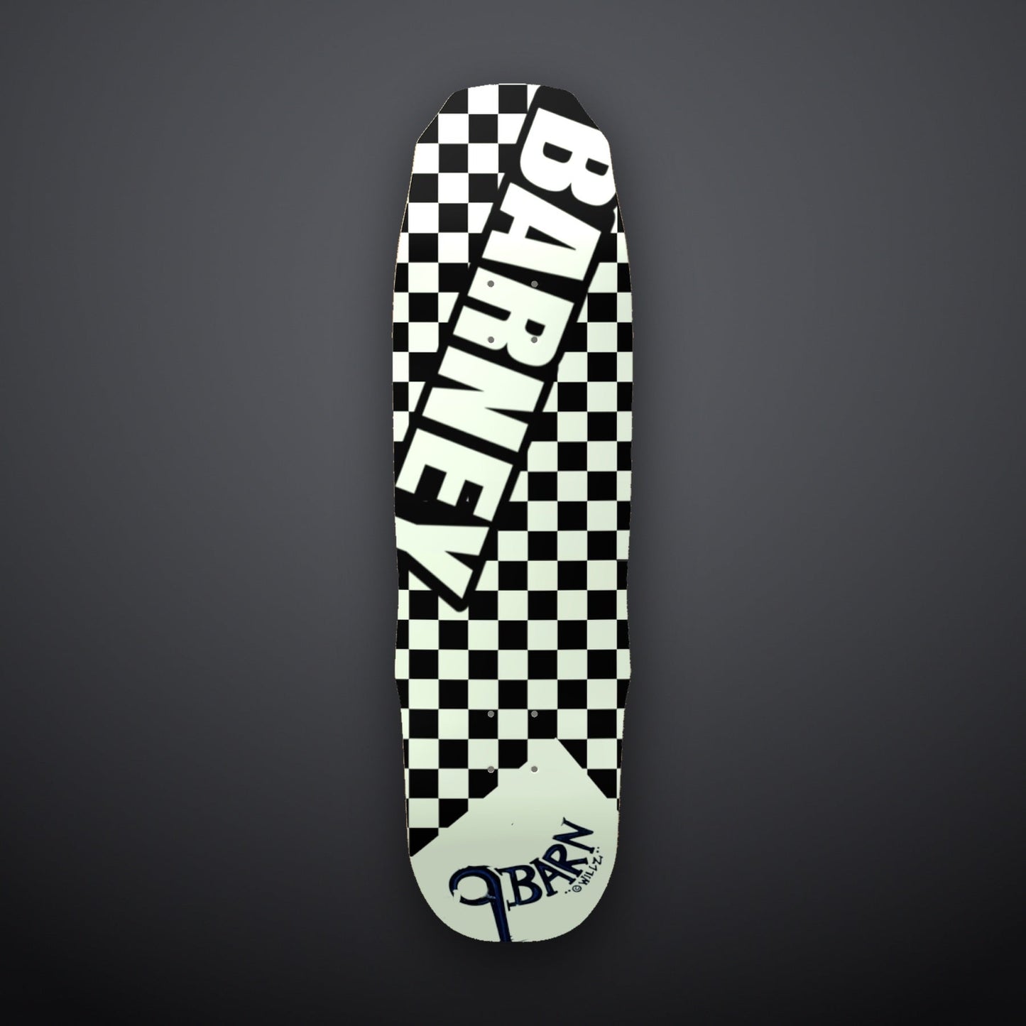9BARN skate deck, Checkerboard. Black and white check with BARNEY laid diagonally across the deck and the 9BARN mark hand-lettered by Willz at the tail.
