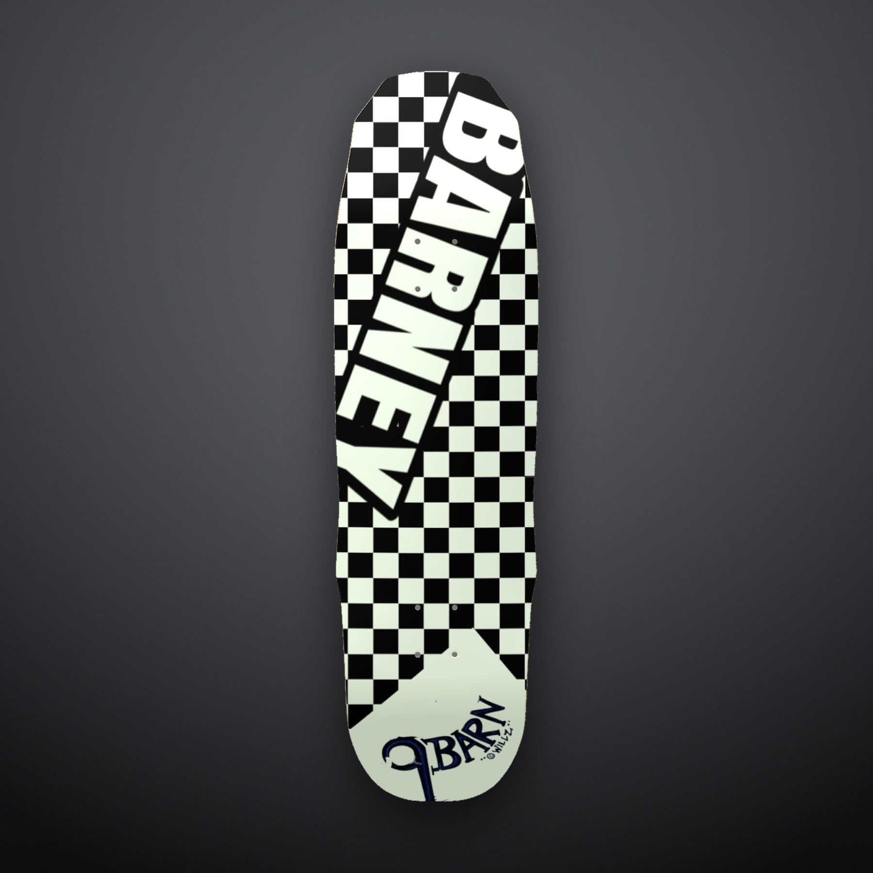 9BARN skate deck, Checkerboard. Black and white check with BARNEY laid diagonally across the deck and the 9BARN mark hand-lettered by Willz at the tail.