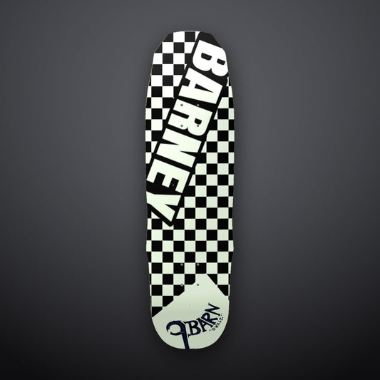 9BARN Skate Deck Checkerboard, black and white check with BARNEY in bold diagonal type, 9BARN mark hand-lettered by Willz at the tail.