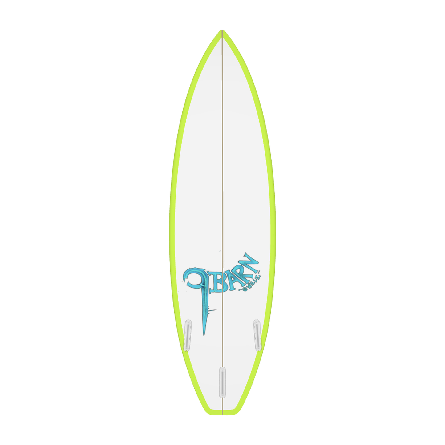 9BARN surfboard, Acid Elephant, bottom. White bottom with acid yellow rails, three fin boxes, and the 9BARN mark hand-lettered by Willz near the tail.