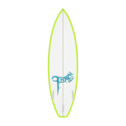 9BARN surfboard, Acid Elephant, bottom. White bottom with acid yellow rails, three fin boxes, and the 9BARN mark hand-lettered by Willz near the tail.