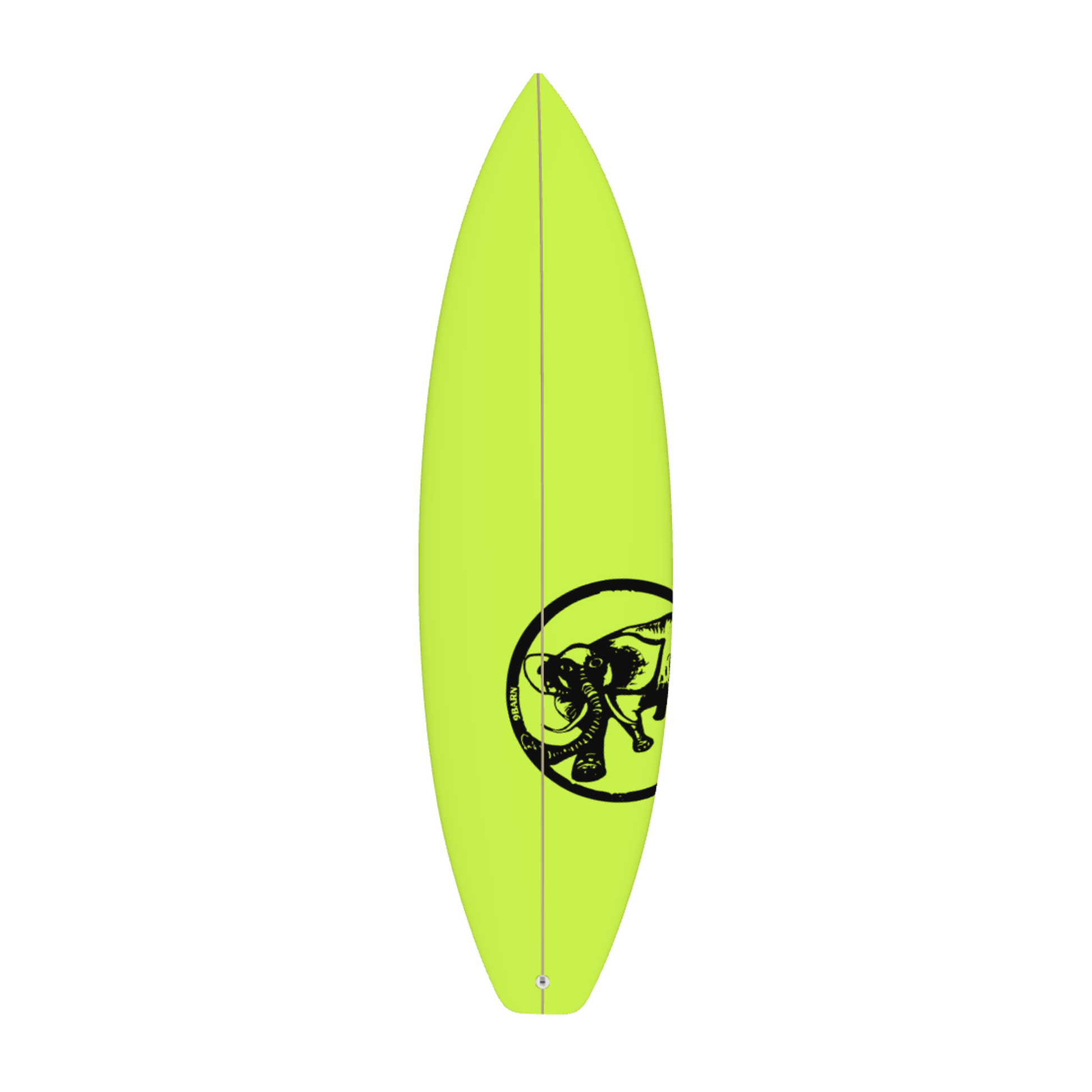 9BARN surfboard, Acid Elephant. Acid yellow deck with Barney's elephant stamped in black, leash plug at the tail.