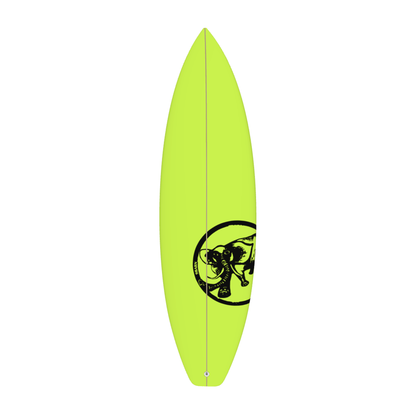 9BARN surfboard, Acid Elephant. Acid yellow deck with Barney's elephant stamped in black, leash plug at the tail.