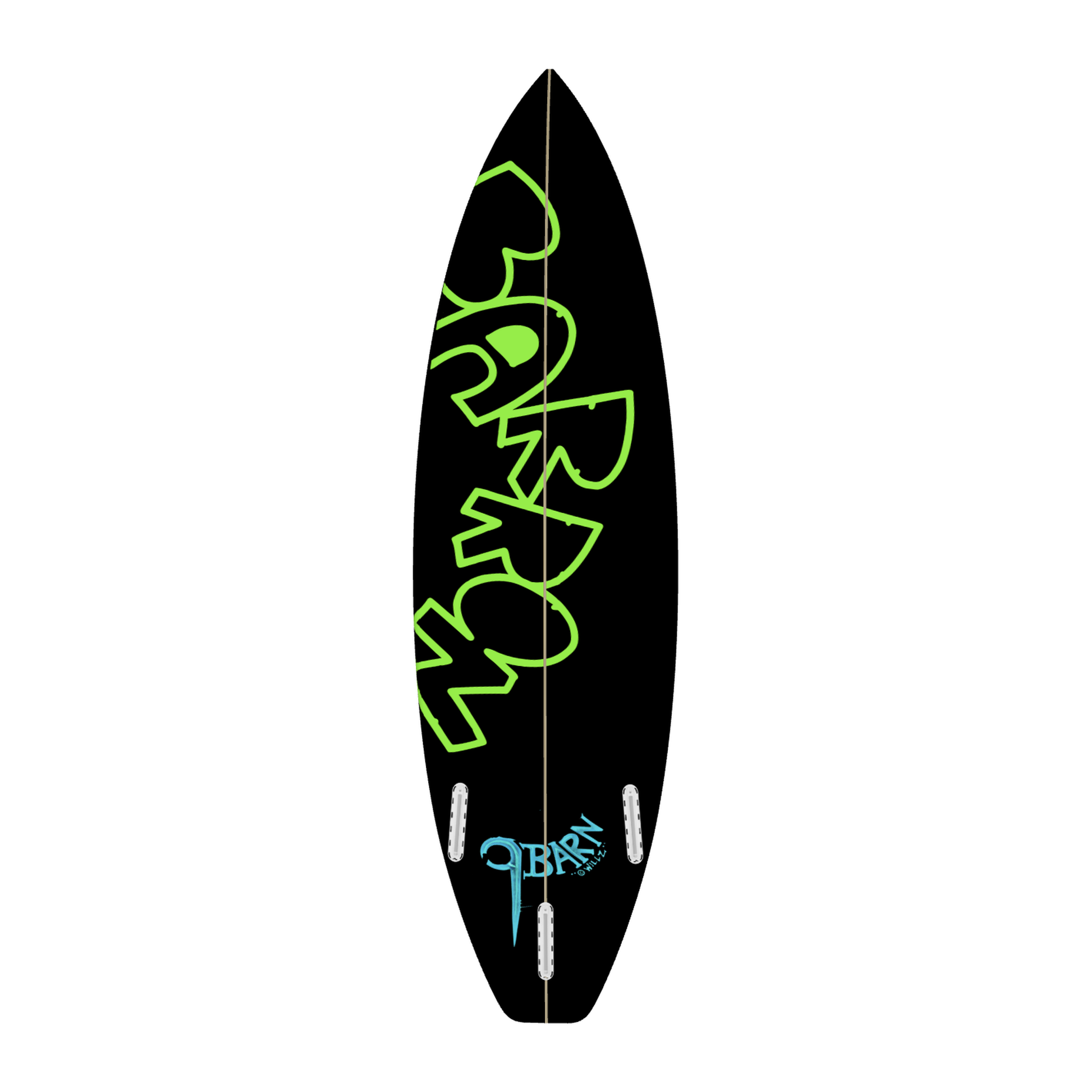 9BARN surfboard, Crossbones, bottom. Black bottom with BARRON in green outline running the length of the board, three fin boxes, and the 9BARN mark hand-lettered by Willz above the tail.