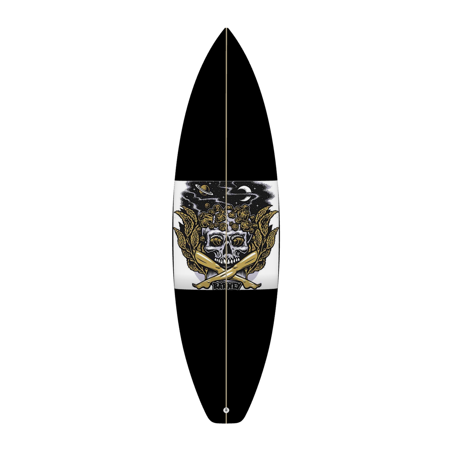 9BARN surfboard, Crossbones. Black deck with Barney's skull and crossbones panel set into the middle, gold kelp and a planet behind it, BARNEY across the bottom of the panel.