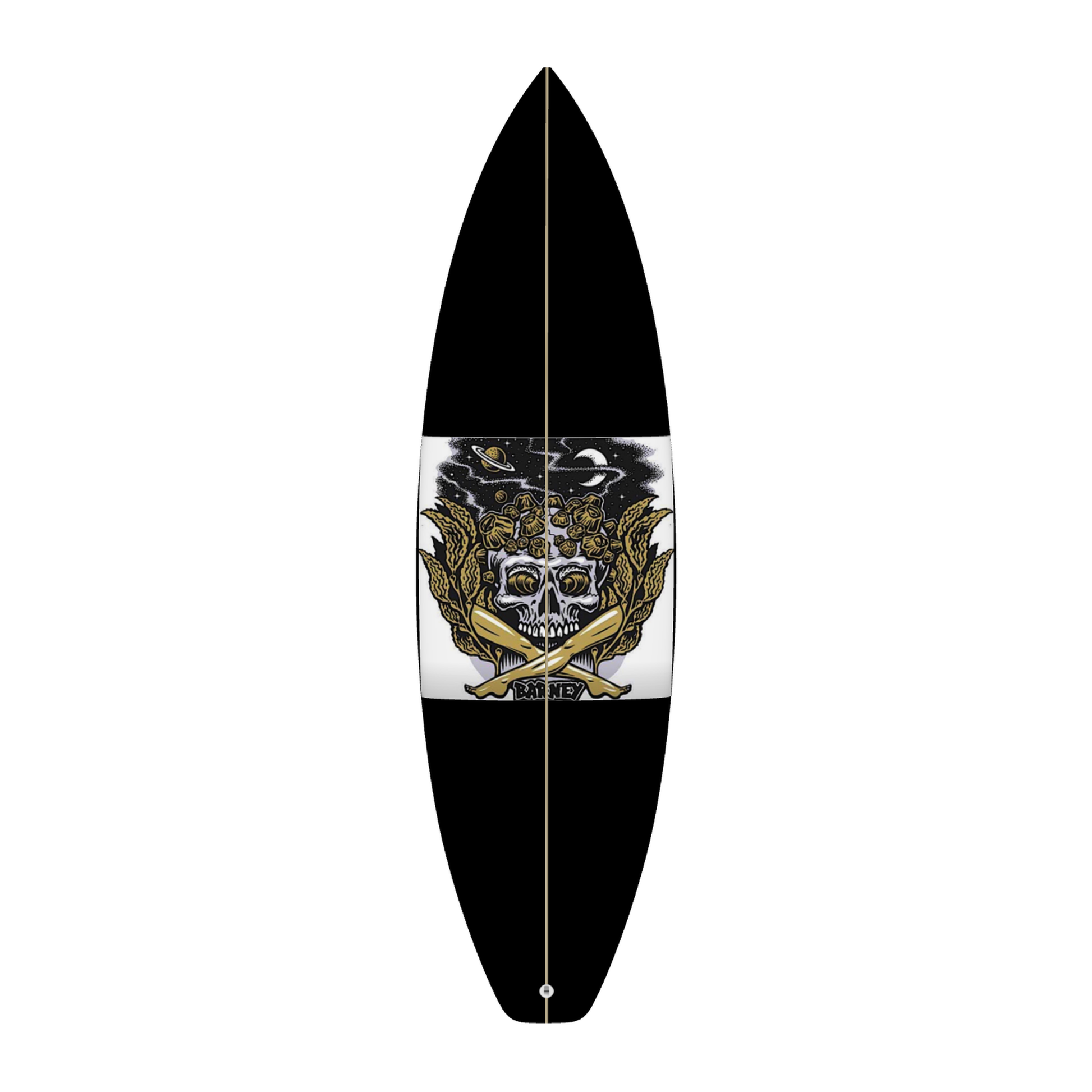 9BARN surfboard, Crossbones. Black deck with Barney's skull and crossbones panel set into the middle, gold kelp and a planet behind it, BARNEY across the bottom of the panel.