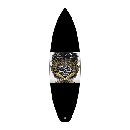 9BARN surfboard, Crossbones. Black deck with Barney's skull and crossbones panel set into the middle, gold kelp and a planet behind it, BARNEY across the bottom of the panel.