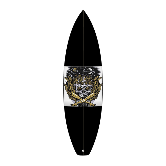 9BARN Surfboard Crossbones, deck, black with Barney's skull and crossbones panel, gold kelp and a planet behind it.