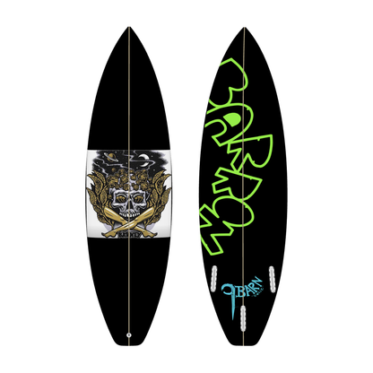 9BARN surfboard, Crossbones, deck and bottom side by side.