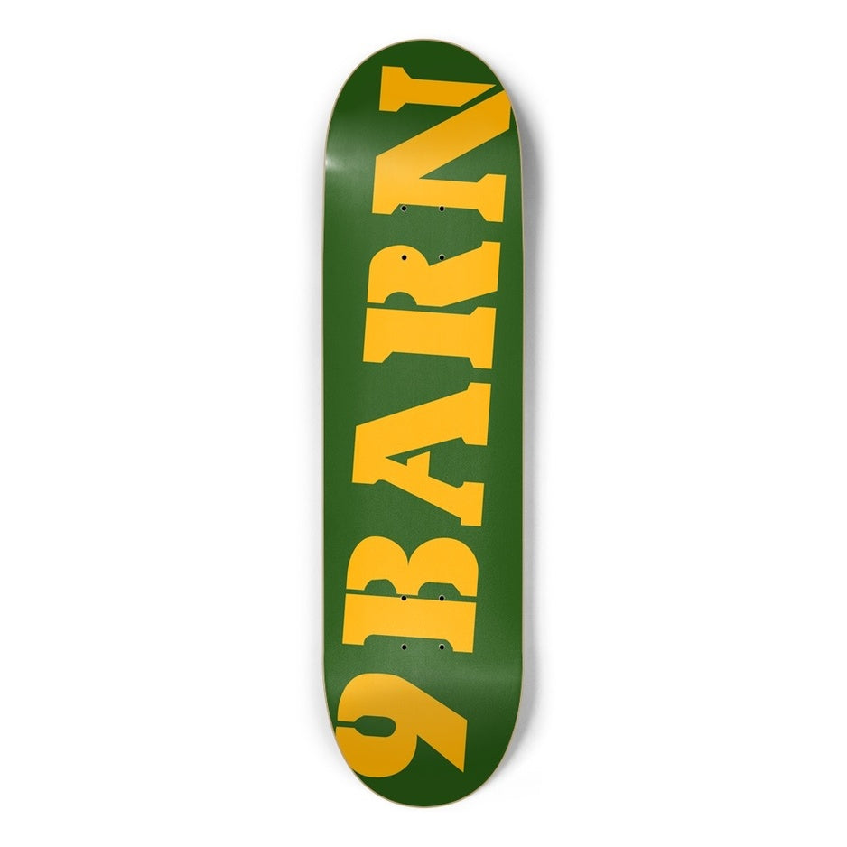 9BARN skateboard: army green with 9BARN in gold block letters