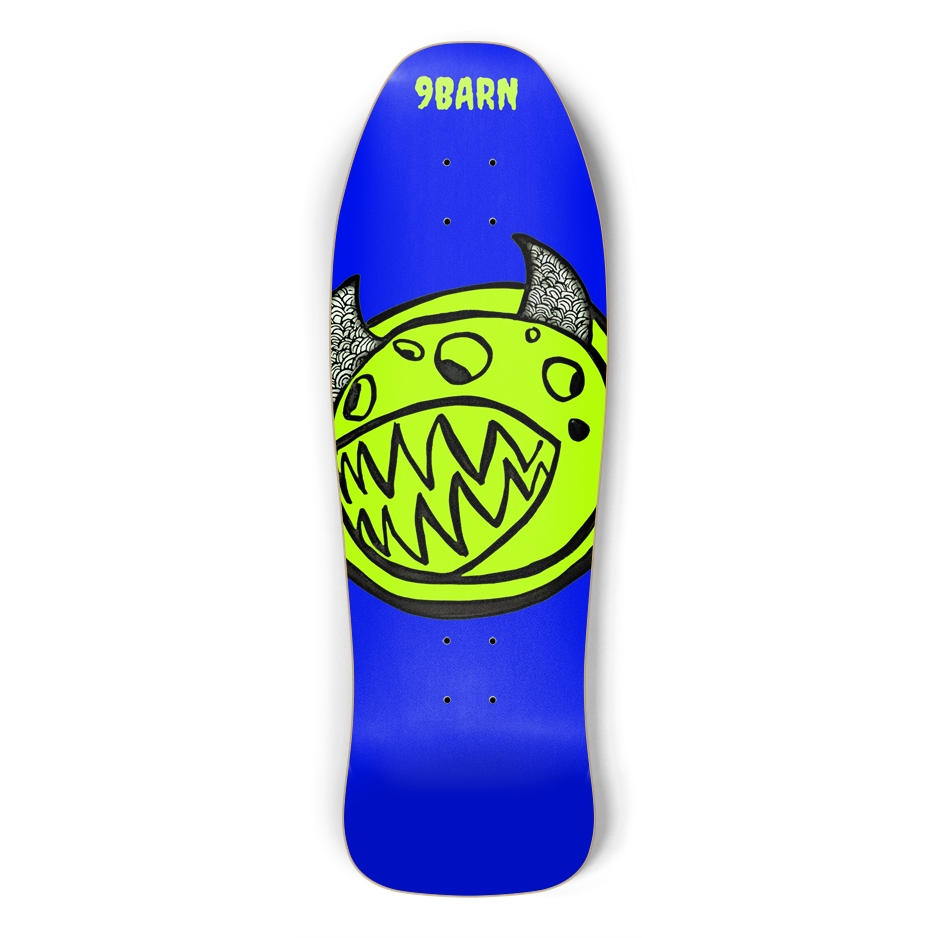 9BARN skateboard: blue with the green horned JSF monster and 9BARN lettering