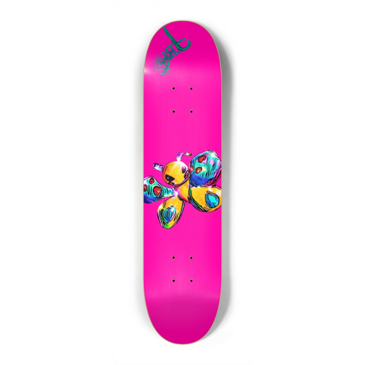 9BARN skateboard: hot pink with a glossy Flutterby butterfly and 9BARN in teal script