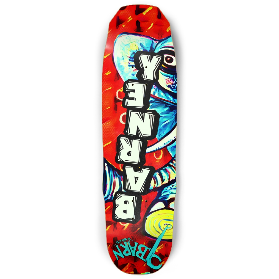 9BARN skateboard: red with a blue elephant, BARNEY down the middle, 9BARN lettered by Willz