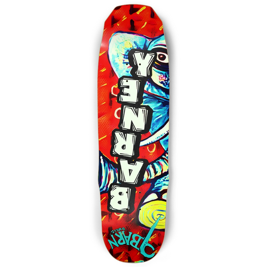 9BARN skateboard: red with a blue elephant, BARNEY down the middle, 9BARN lettered by Willz