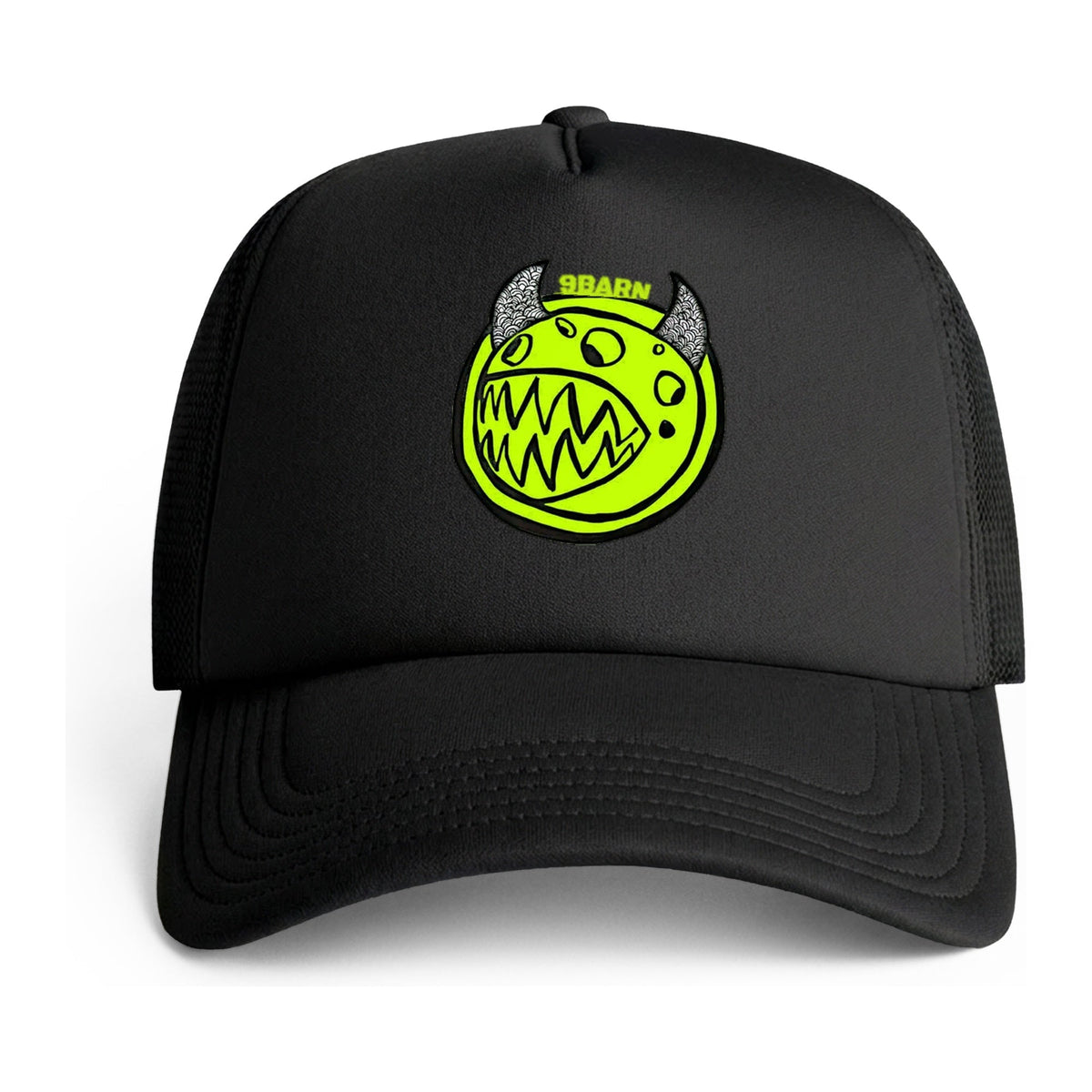 Black 9BARN neon monster trucker hat with the green monster and green 9BARN lettering on the front