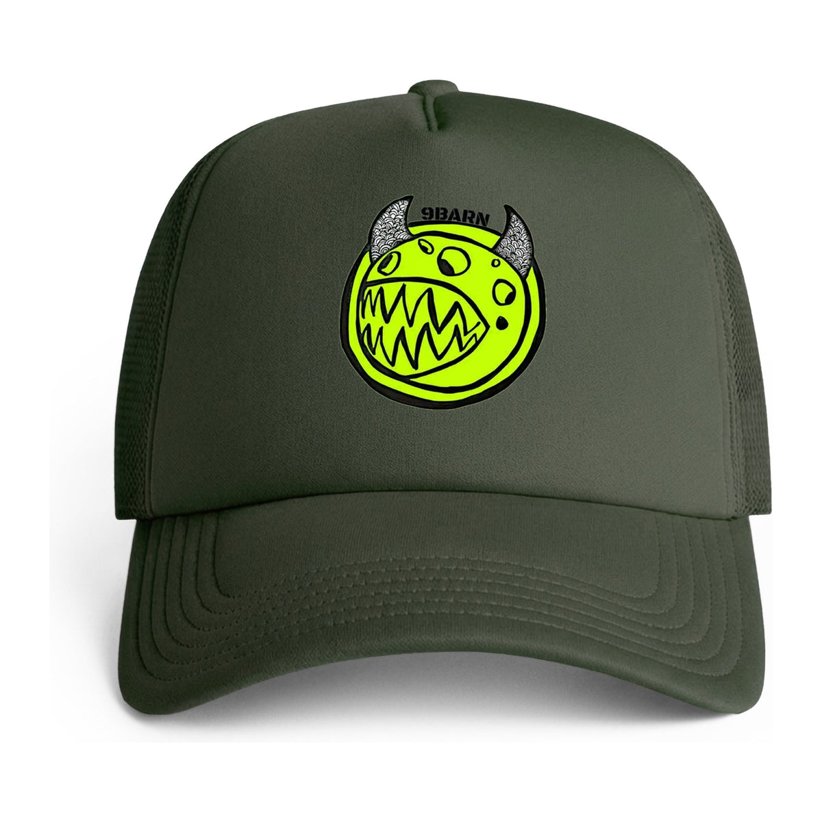 Cypress olive 9BARN neon monster trucker hat with the green monster on the front