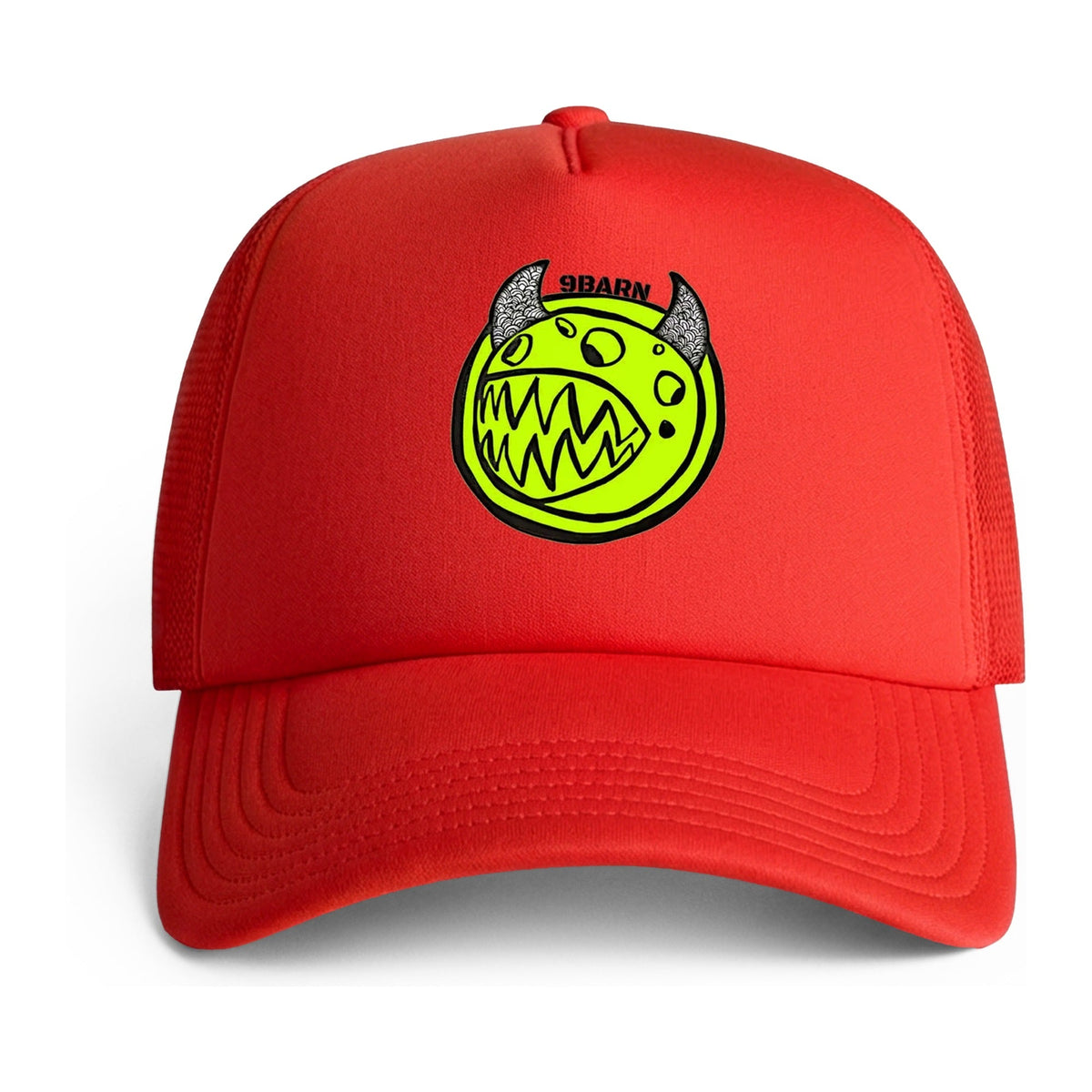 Fire red 9BARN neon monster trucker hat with the green monster on the front