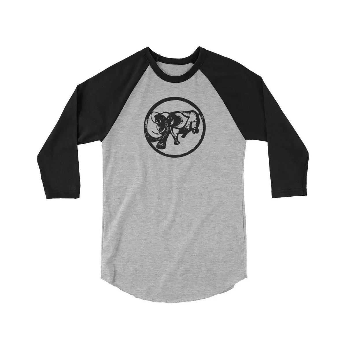 9BARN Elephante raglan tee in grey with black sleeves, front, Elephante emblem on the chest