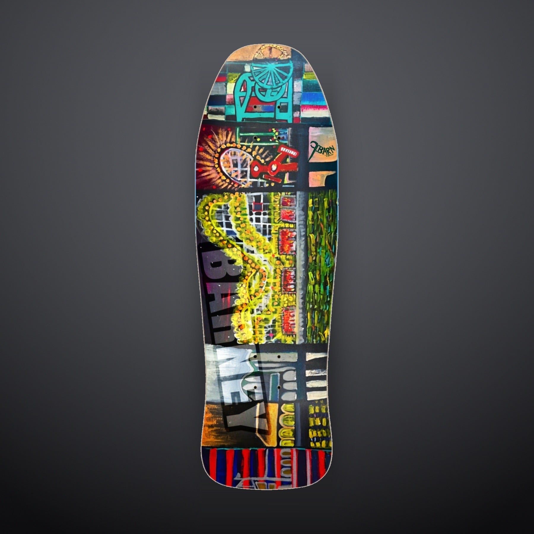 9BARN skate deck, Boardwalk. Santa Cruz Boardwalk painting by Shawn "Barney" Barron with the lit Giant Dipper, BARNEY flipped across the middle, 9BARN hand-lettered by Willz.
