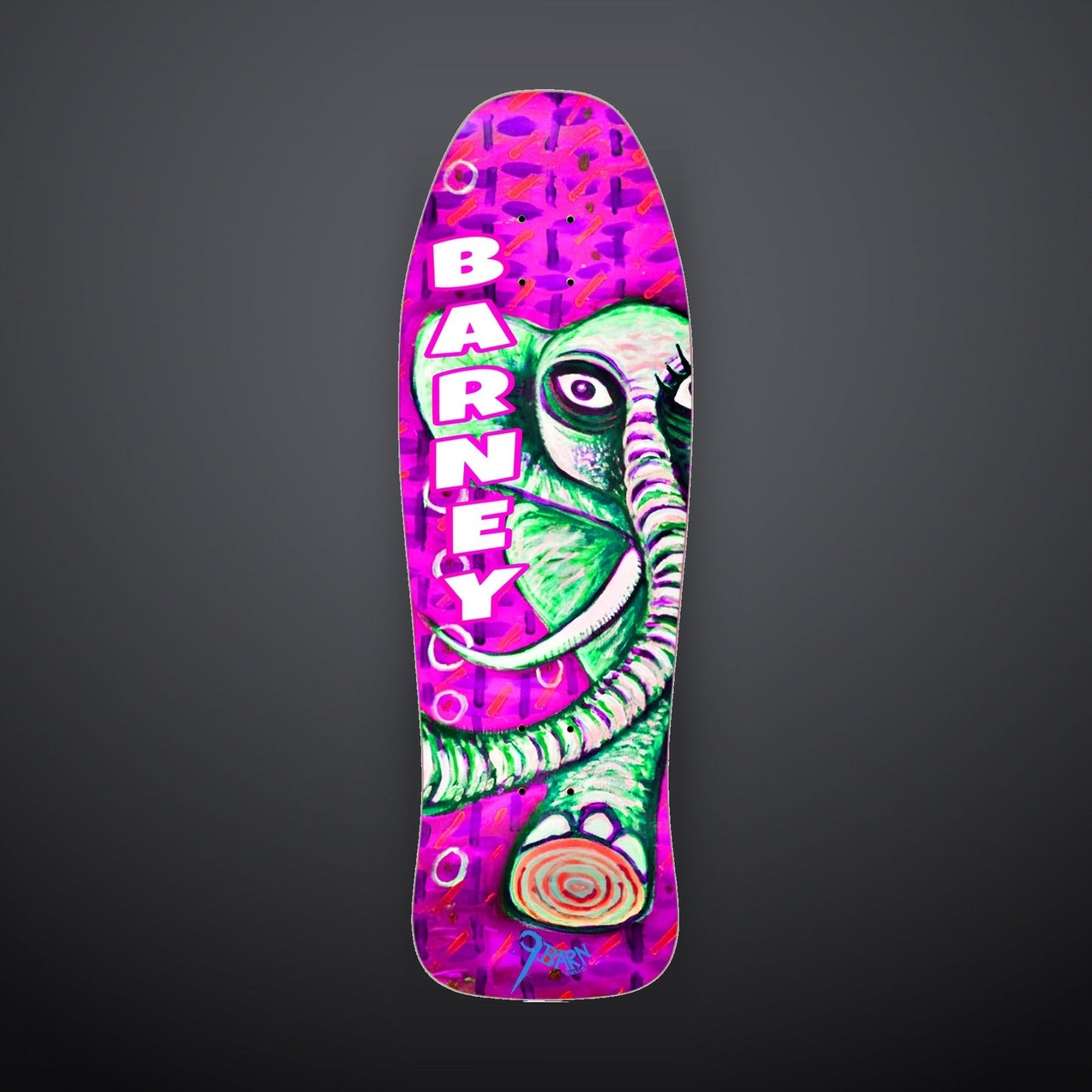 9BARN skate deck, Elephante. Green elephant over magenta by Shawn "Barney" Barron, BARNEY down the deck, 9BARN hand-lettered by Willz at the tail.