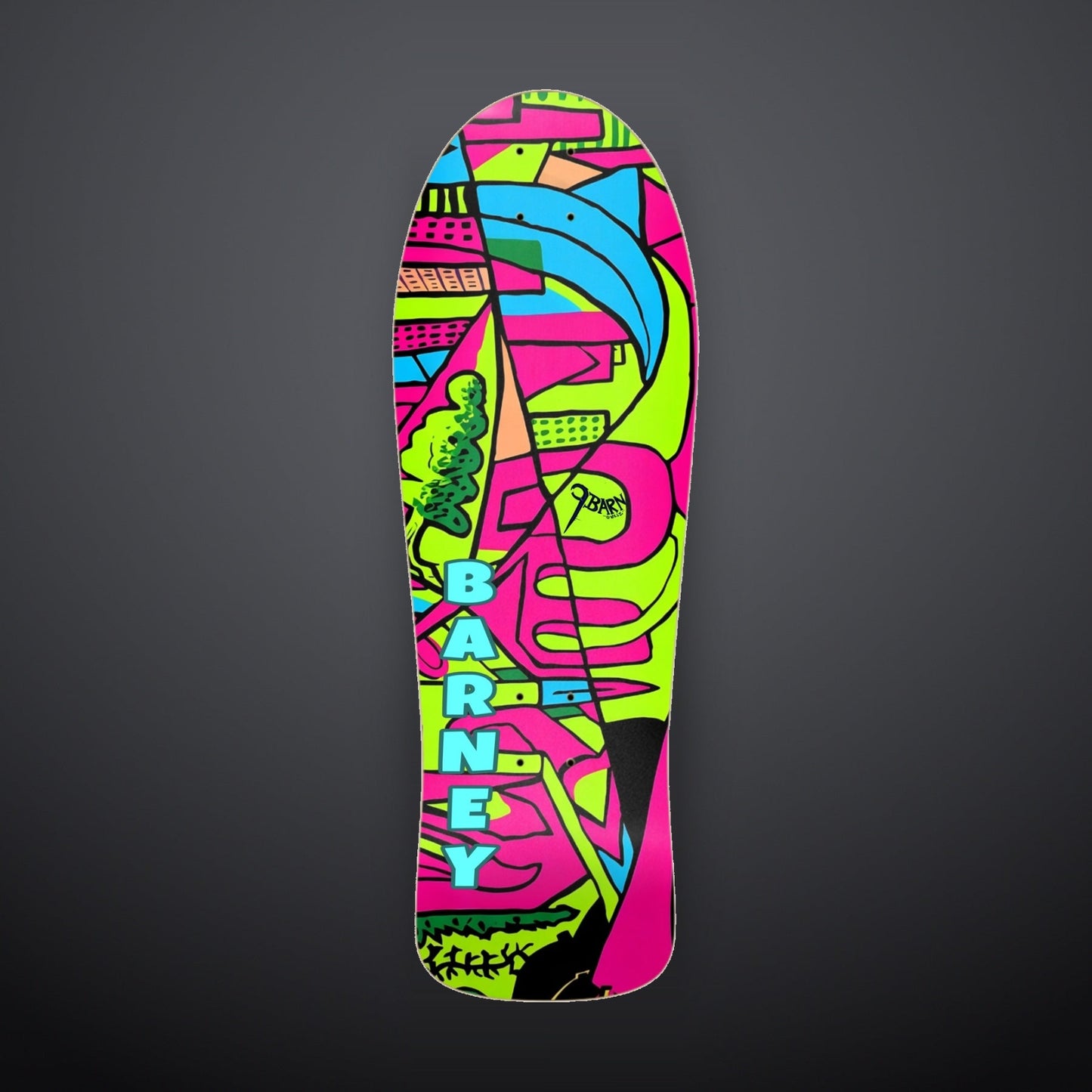 9BARN skate deck, Neon. Hot pink and acid green abstract shapes with BARNEY in pale blue block letters down the deck and 9BARN hand-lettered by Willz.